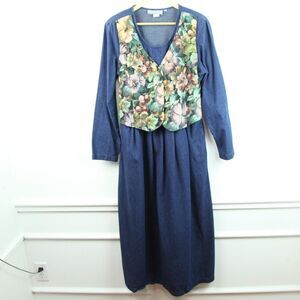 Vintage 90s Denim Midi Dress Modest 14 Tapestry Vest Teacher Fall Grunge Cottage